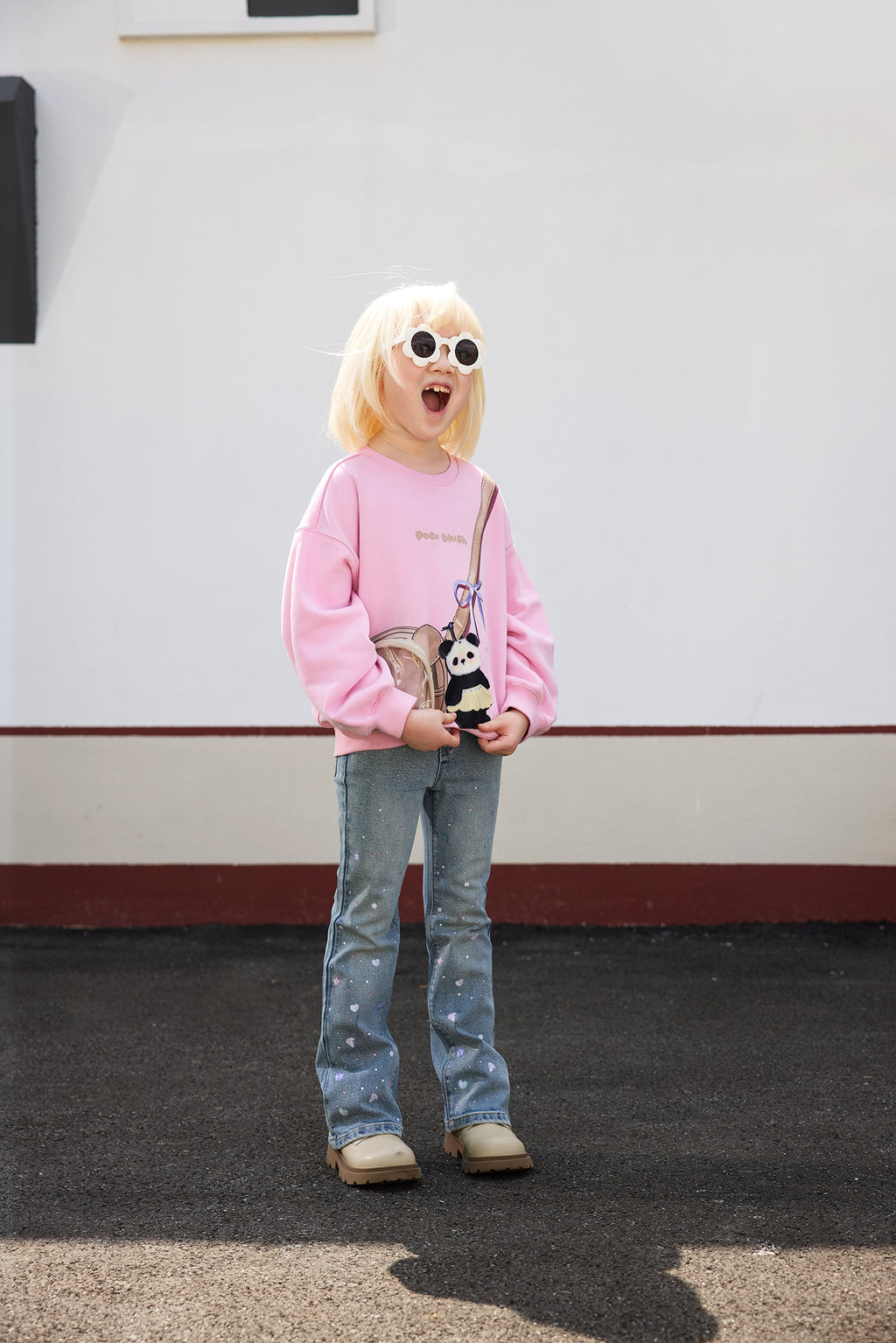 Ink-Wash Printed Pocket Sweatshirt — Peach Pink; worn view; other styled garments and accessories are not included
