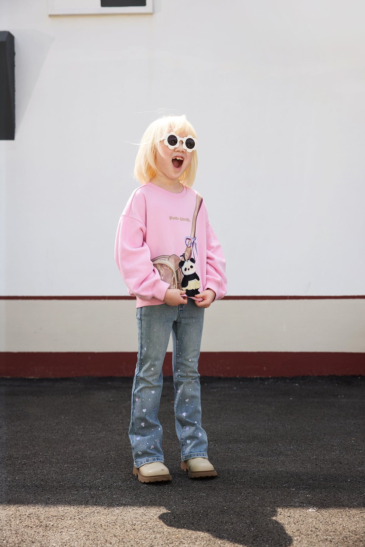 Ink-Wash Printed Pocket Sweatshirt — Peach Pink; worn view; other styled garments and accessories are not included