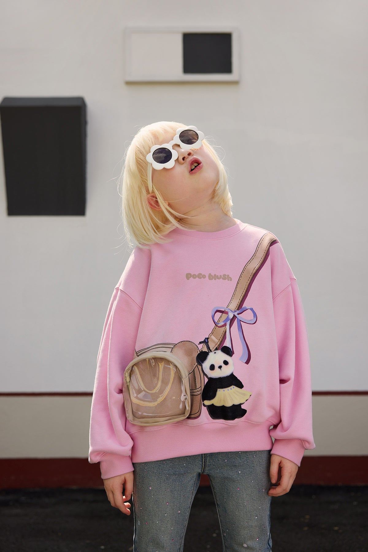 Ink-Wash Printed Pocket Sweatshirt — Peach Pink; worn view; other styled garments and accessories are not included