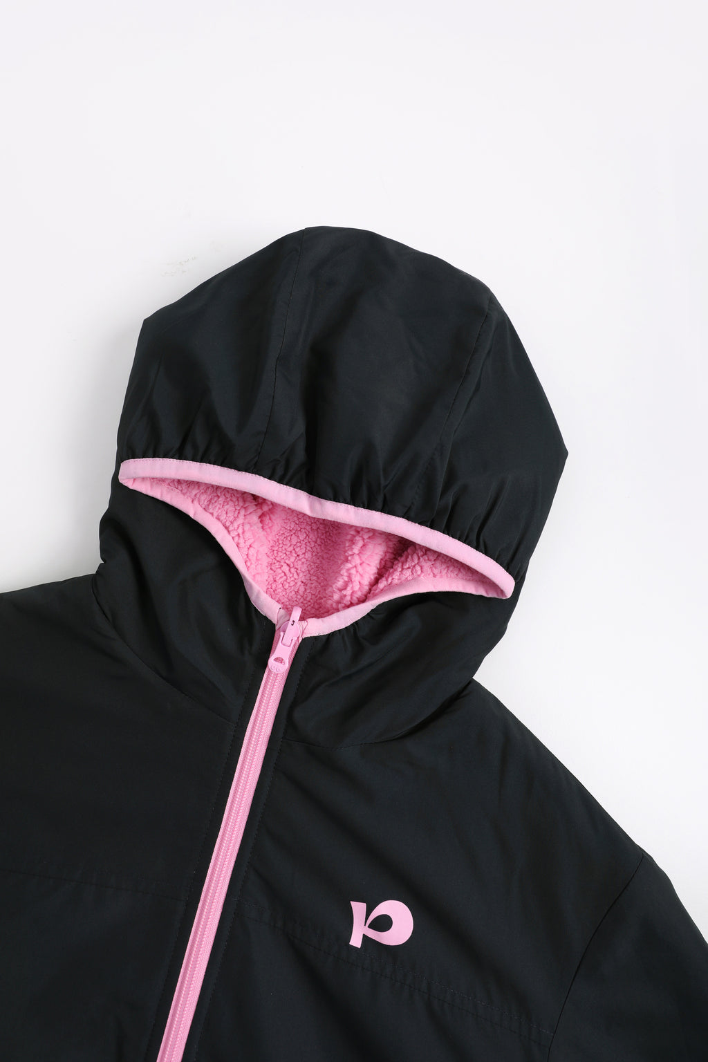 Ink-Wash Reversible Hooded Fleece Jacket — Black; construction and decoration detail