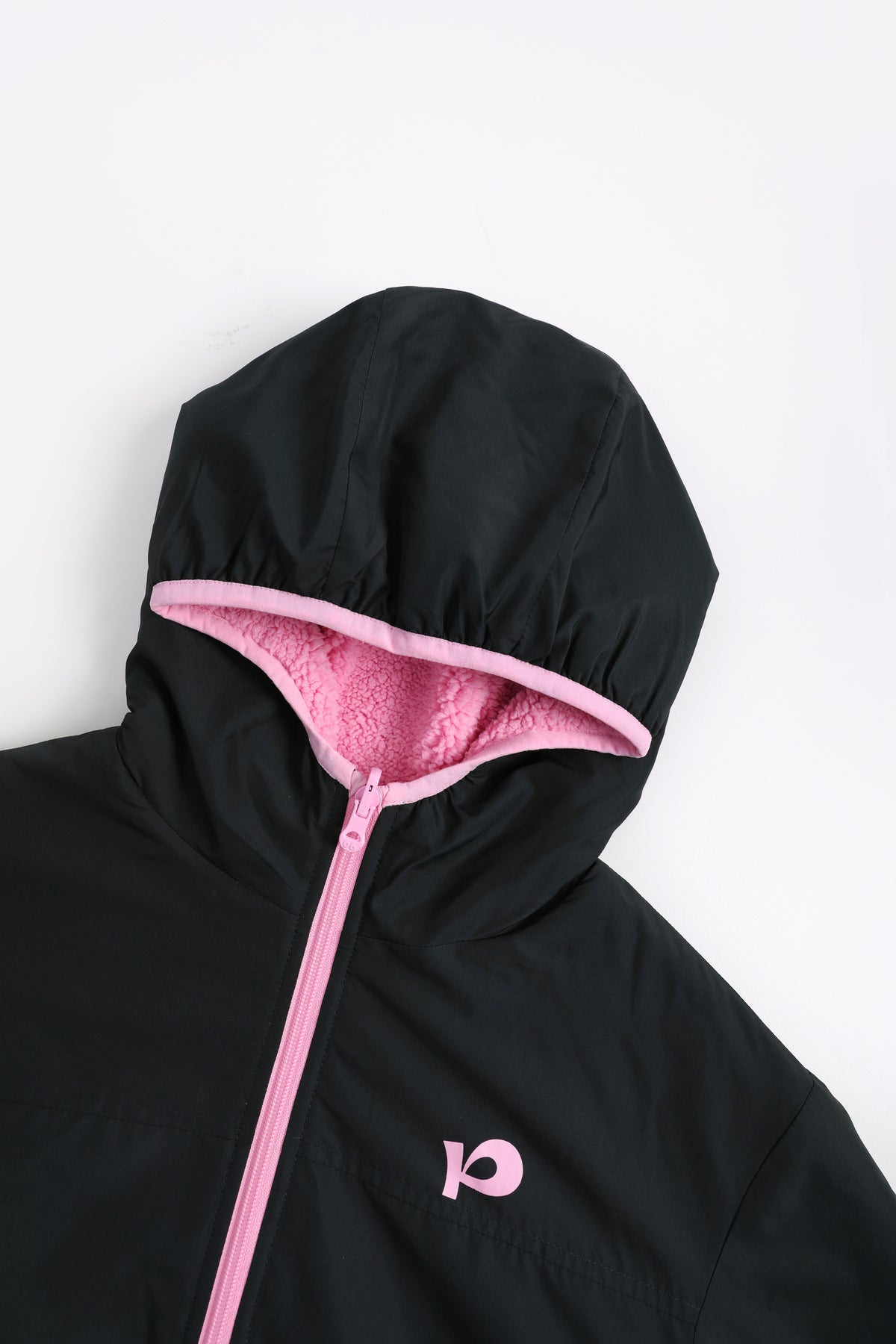 Ink-Wash Reversible Hooded Fleece Jacket — Black; construction and decoration detail