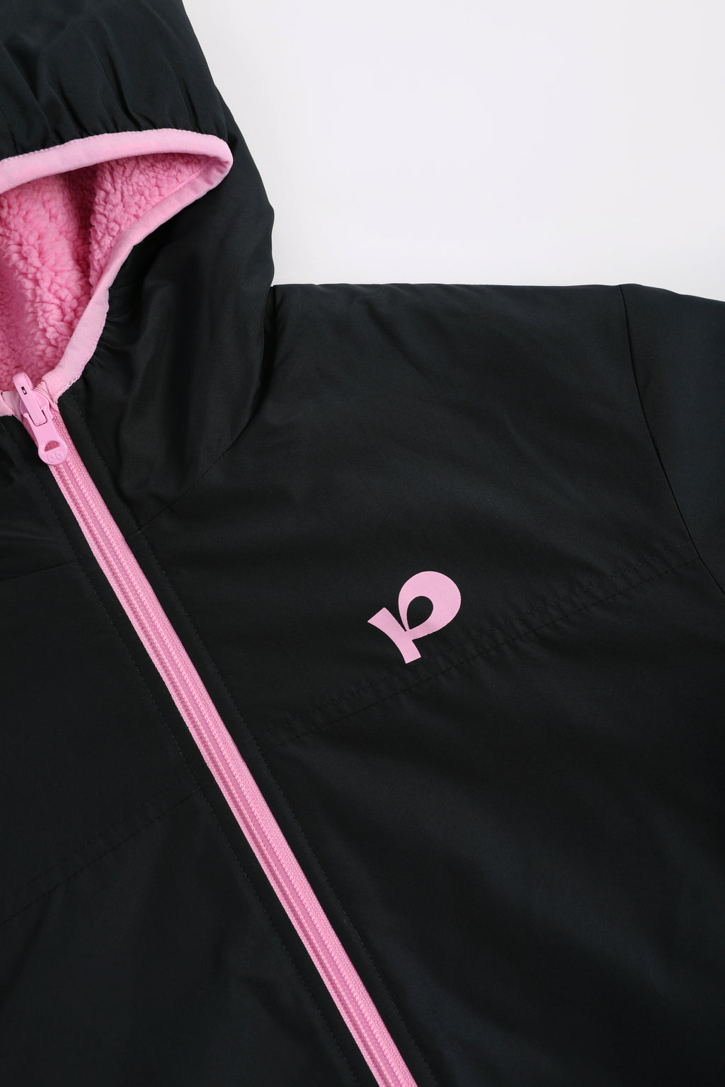 Ink-Wash Reversible Hooded Fleece Jacket — Black; construction and decoration detail