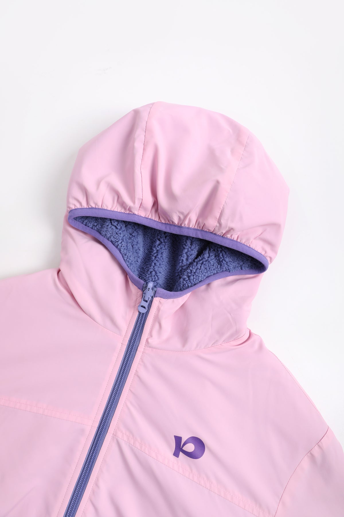 Ink-Wash Reversible Hooded Fleece Jacket — Peach Pink; construction and decoration detail
