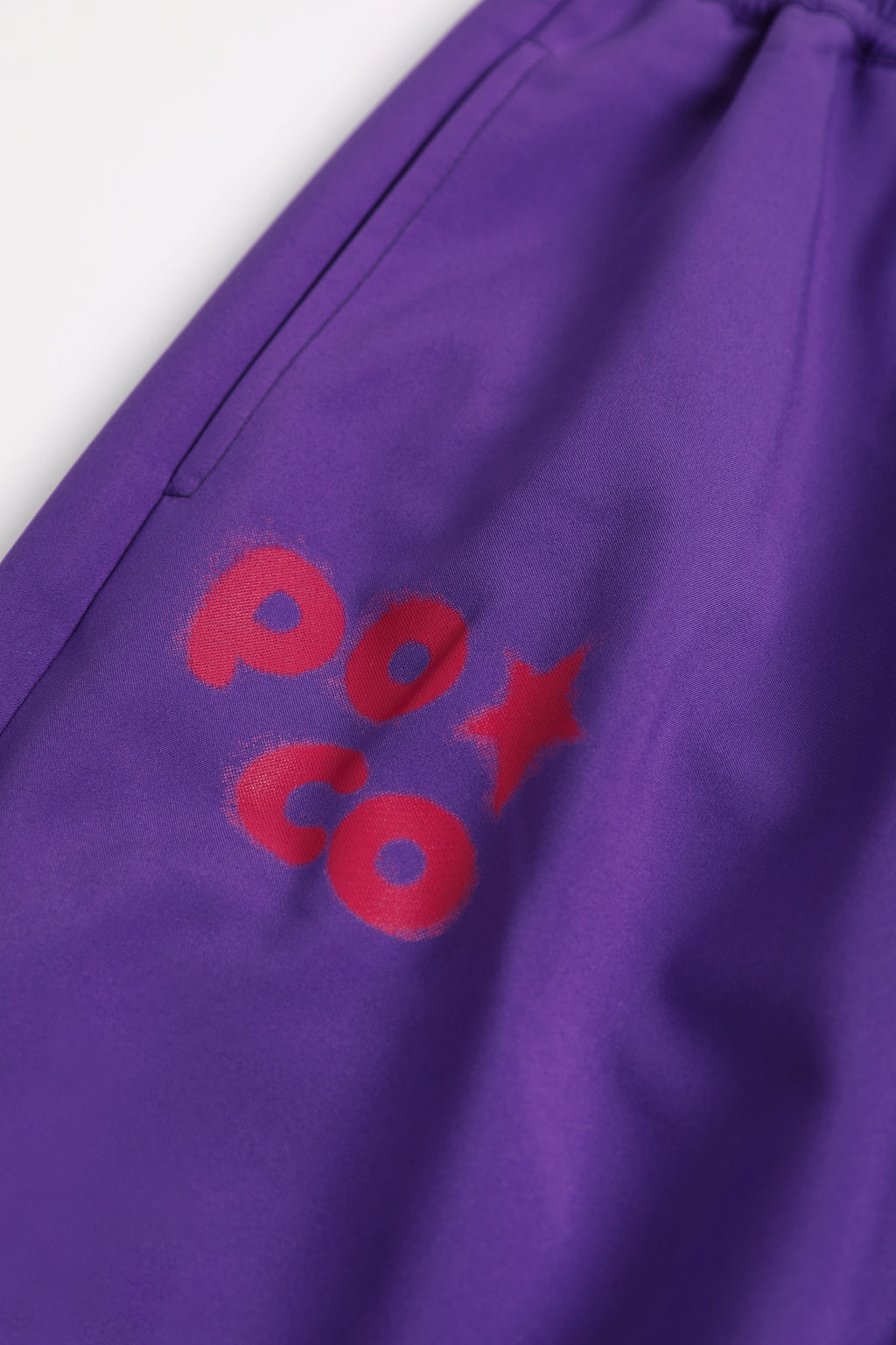 Ink-Wash Fleece-Backed Trousers — Wisteria Purple; construction and decoration detail