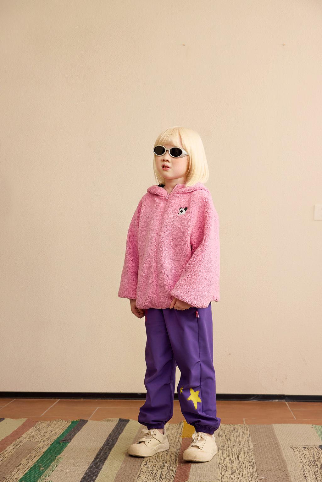 Ink-Wash Fleece-Backed Trousers — Wisteria Purple; worn view; other styled garments and accessories are not included