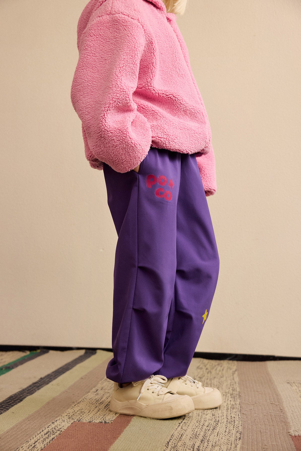 Ink-Wash Fleece-Backed Trousers — Wisteria Purple; worn view; other styled garments and accessories are not included