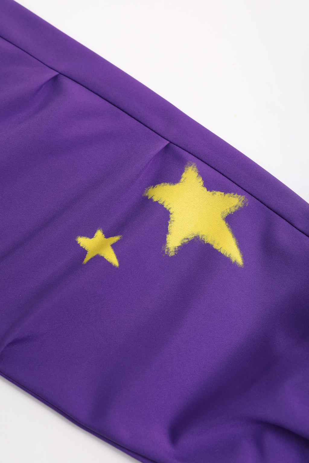 Ink-Wash Fleece-Backed Trousers — Wisteria Purple; construction and decoration detail