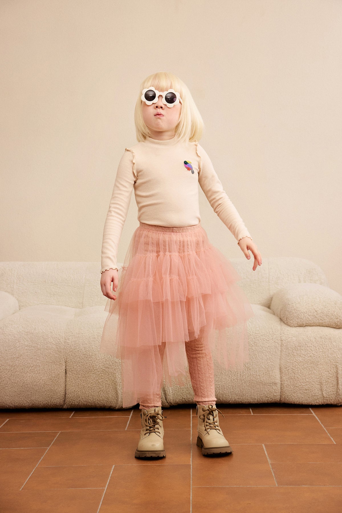 Tulle-Layer Knit Leggings — Dusty Pink; worn view; other styled garments and accessories are not included