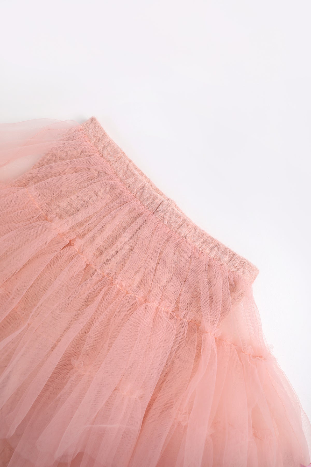 Tulle-Layer Knit Leggings — Dusty Pink; construction and decoration detail