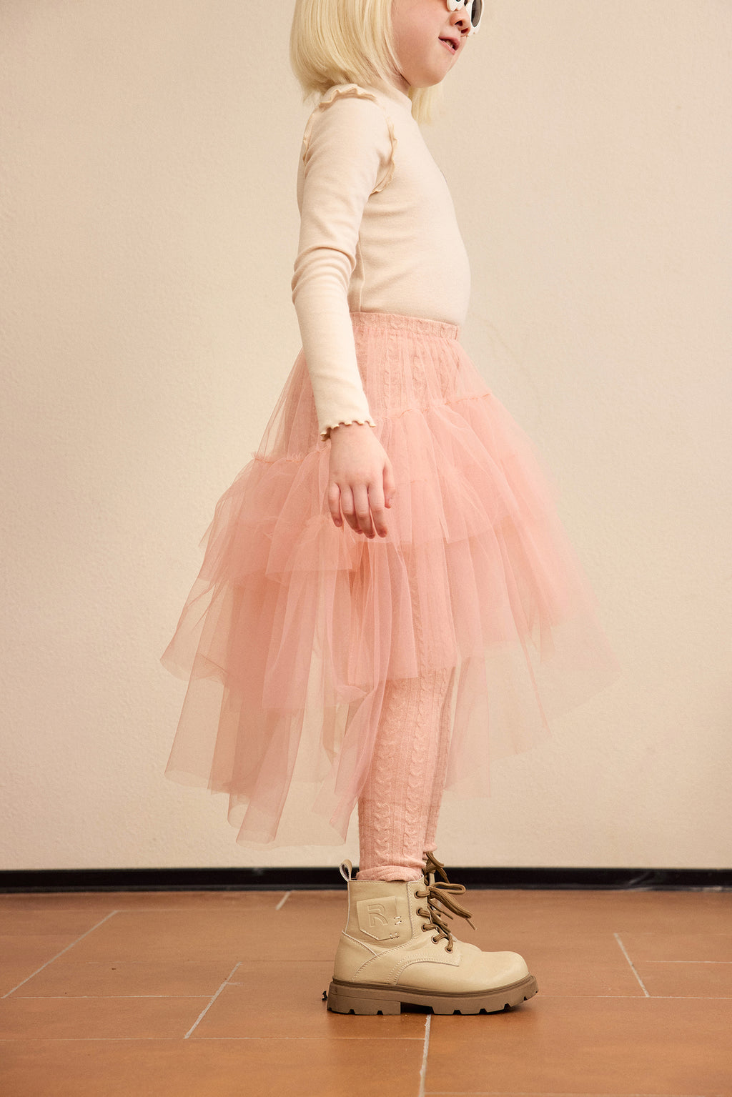 Tulle-Layer Knit Leggings — Dusty Pink; worn view; other styled garments and accessories are not included