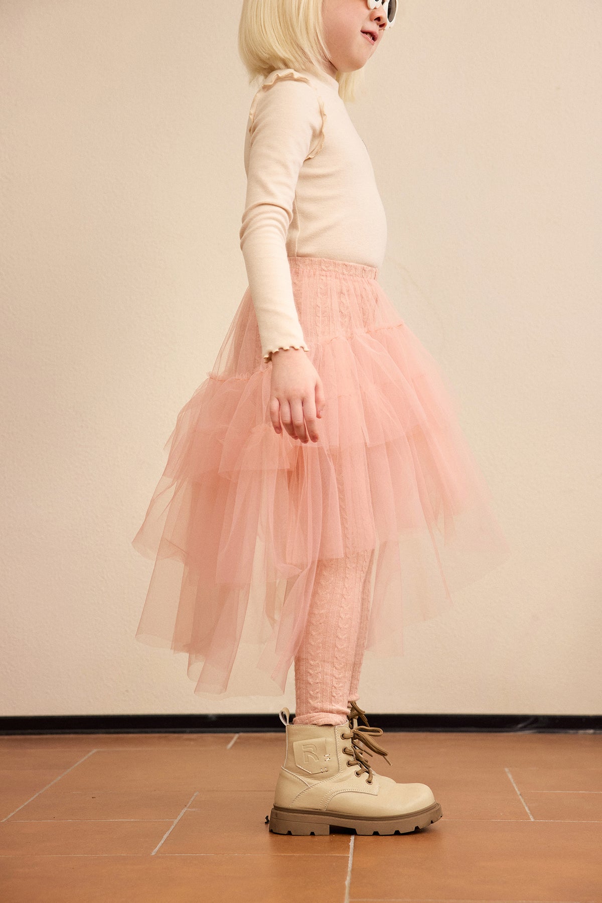 Tulle-Layer Knit Leggings — Dusty Pink; worn view; other styled garments and accessories are not included