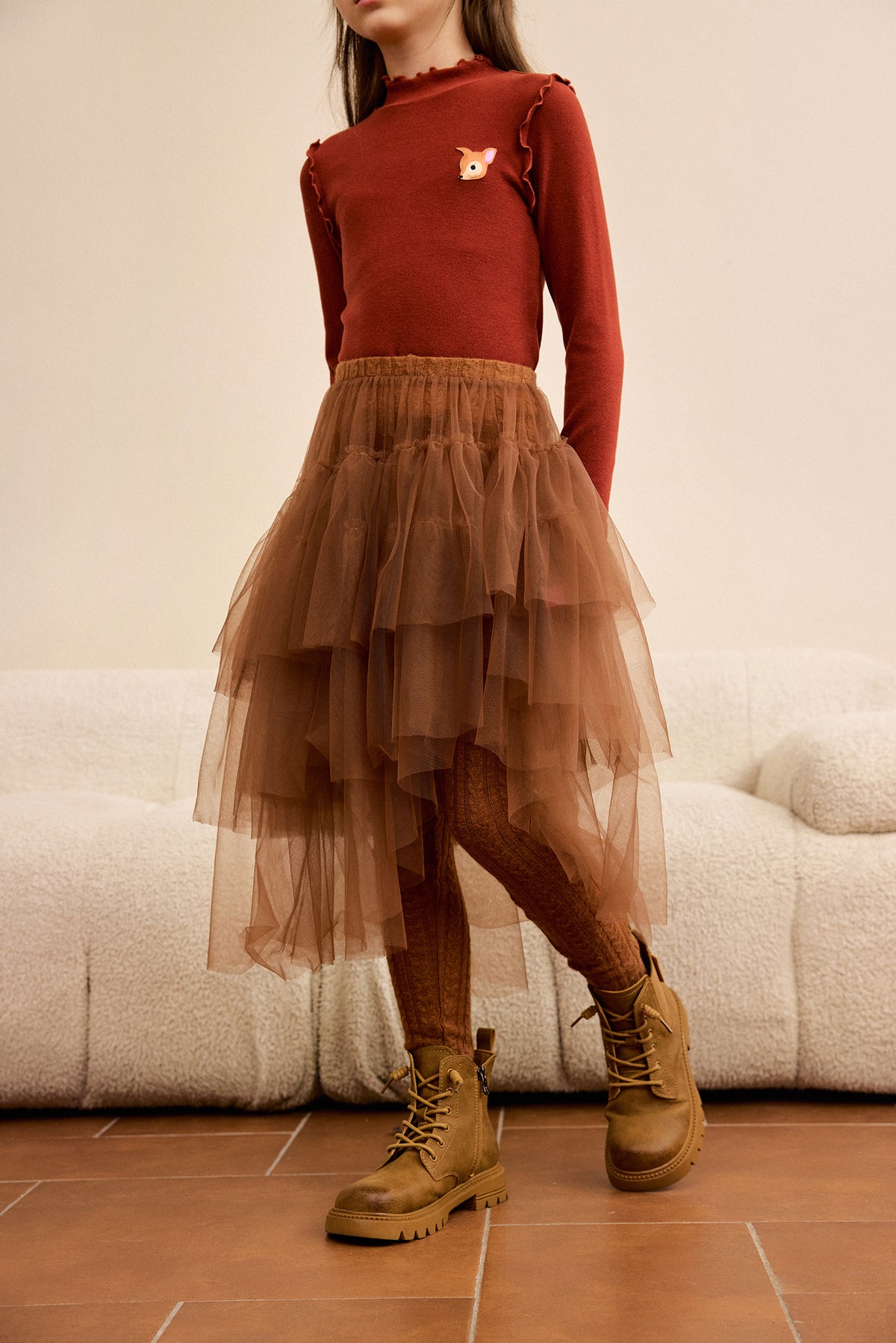 Tulle-Layer Knit Leggings — Chestnut Brown; worn view; other styled garments and accessories are not included