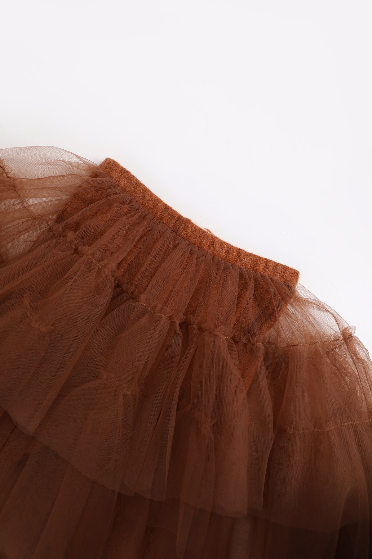 Tulle-Layer Knit Leggings — Chestnut Brown; construction and decoration detail