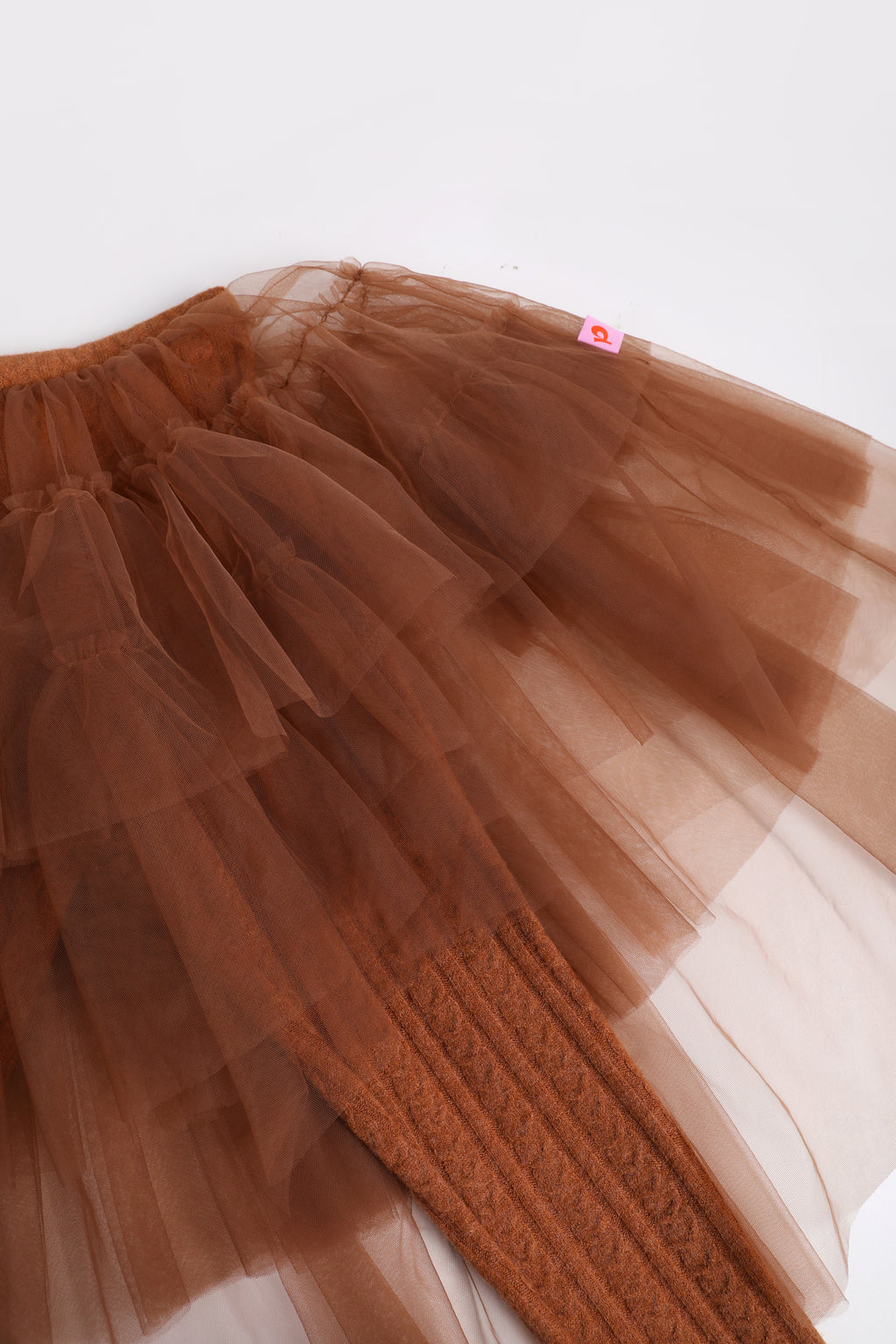 Tulle-Layer Knit Leggings — Chestnut Brown; construction and decoration detail