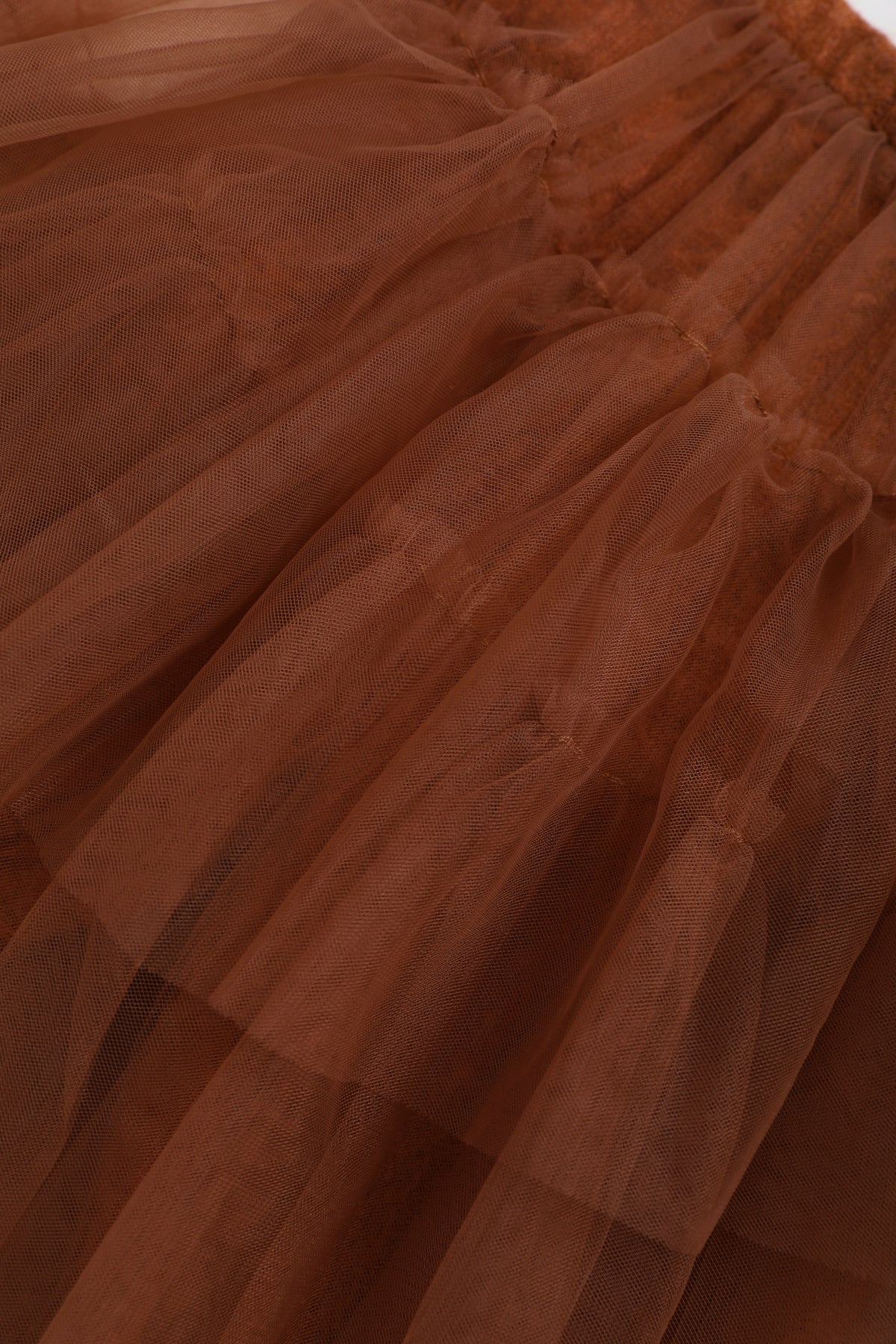 Tulle-Layer Knit Leggings — Chestnut Brown; construction and decoration detail