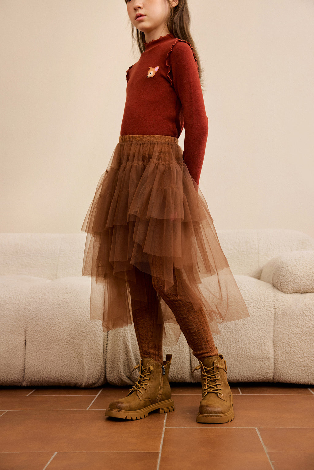 Tulle-Layer Knit Leggings — Chestnut Brown; worn view; other styled garments and accessories are not included