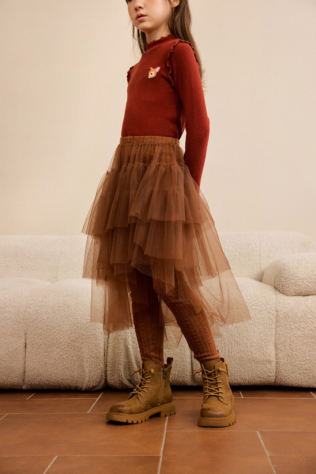 Tulle-Layer Knit Leggings — Chestnut Brown; worn view; other styled garments and accessories are not included