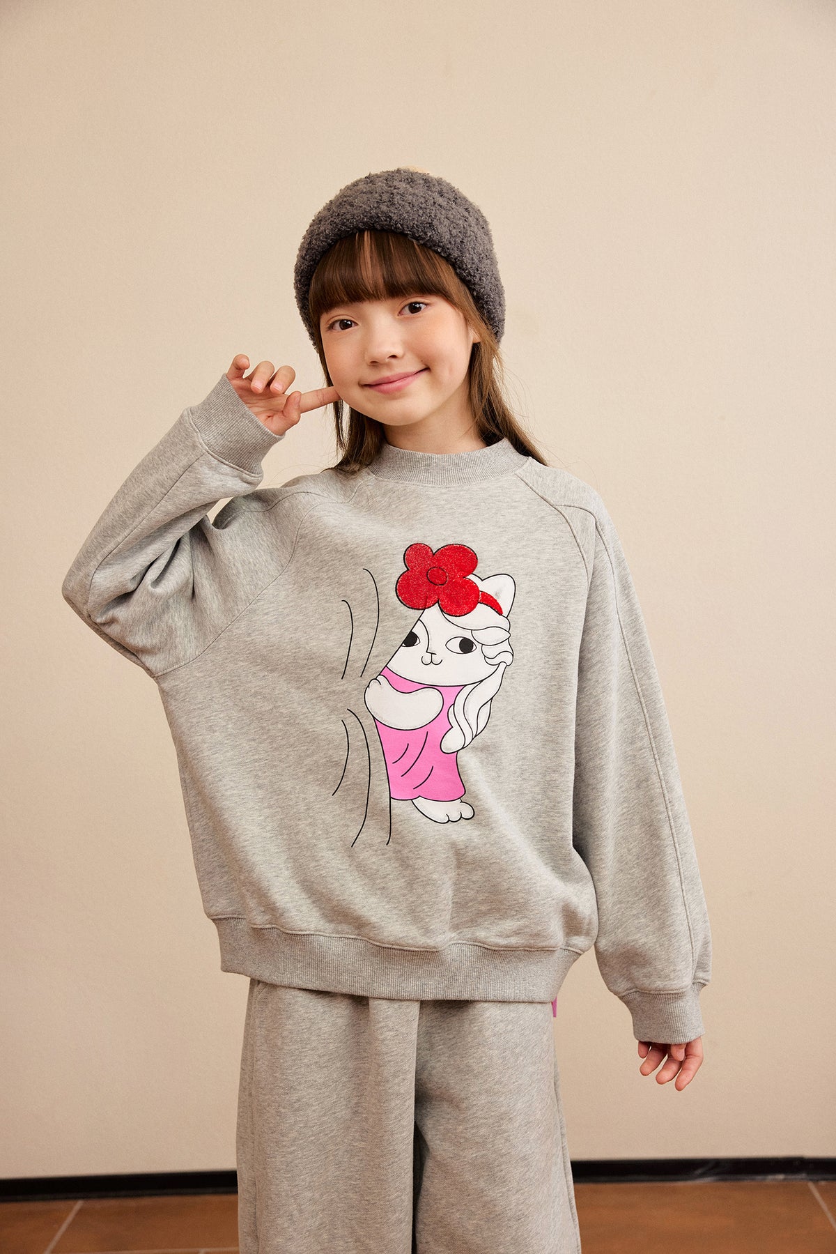 Hide-and-Seek Cat Sweatshirt — Pencil Grey; worn view; other styled garments and accessories are not included