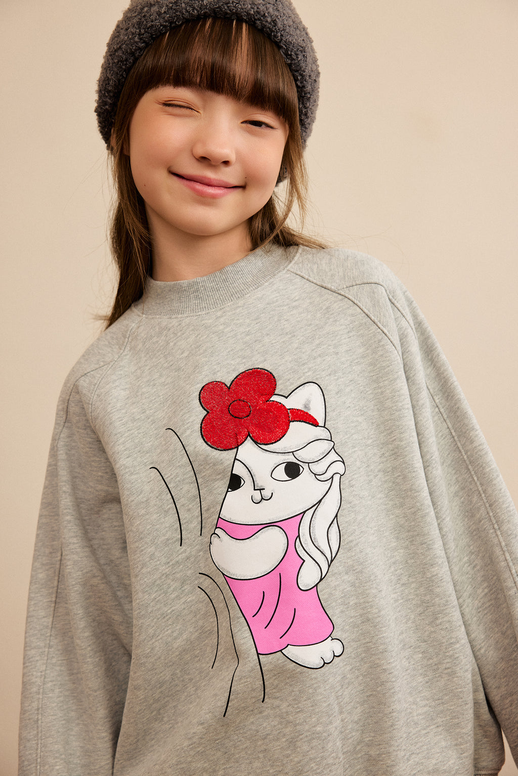 Hide-and-Seek Cat Sweatshirt — Pencil Grey; worn view; other styled garments and accessories are not included