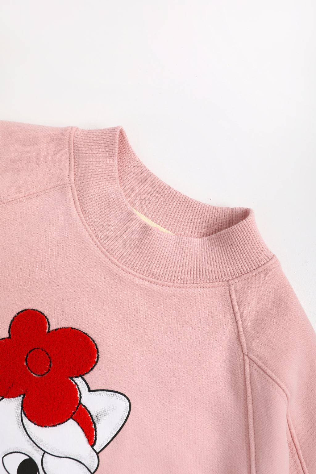 Hide-and-Seek Cat Sweatshirt — Dusty Pink; construction and decoration detail