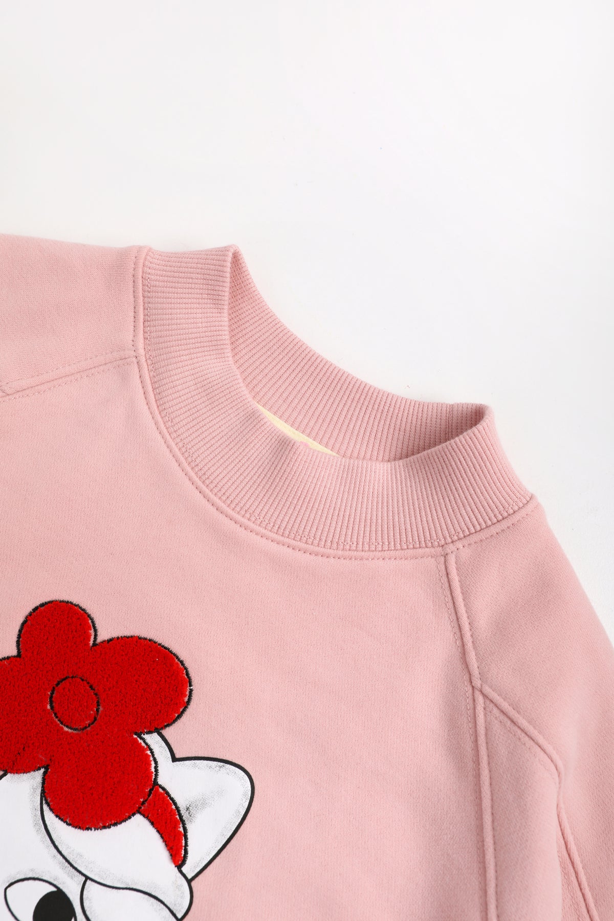 Hide-and-Seek Cat Sweatshirt — Dusty Pink; construction and decoration detail
