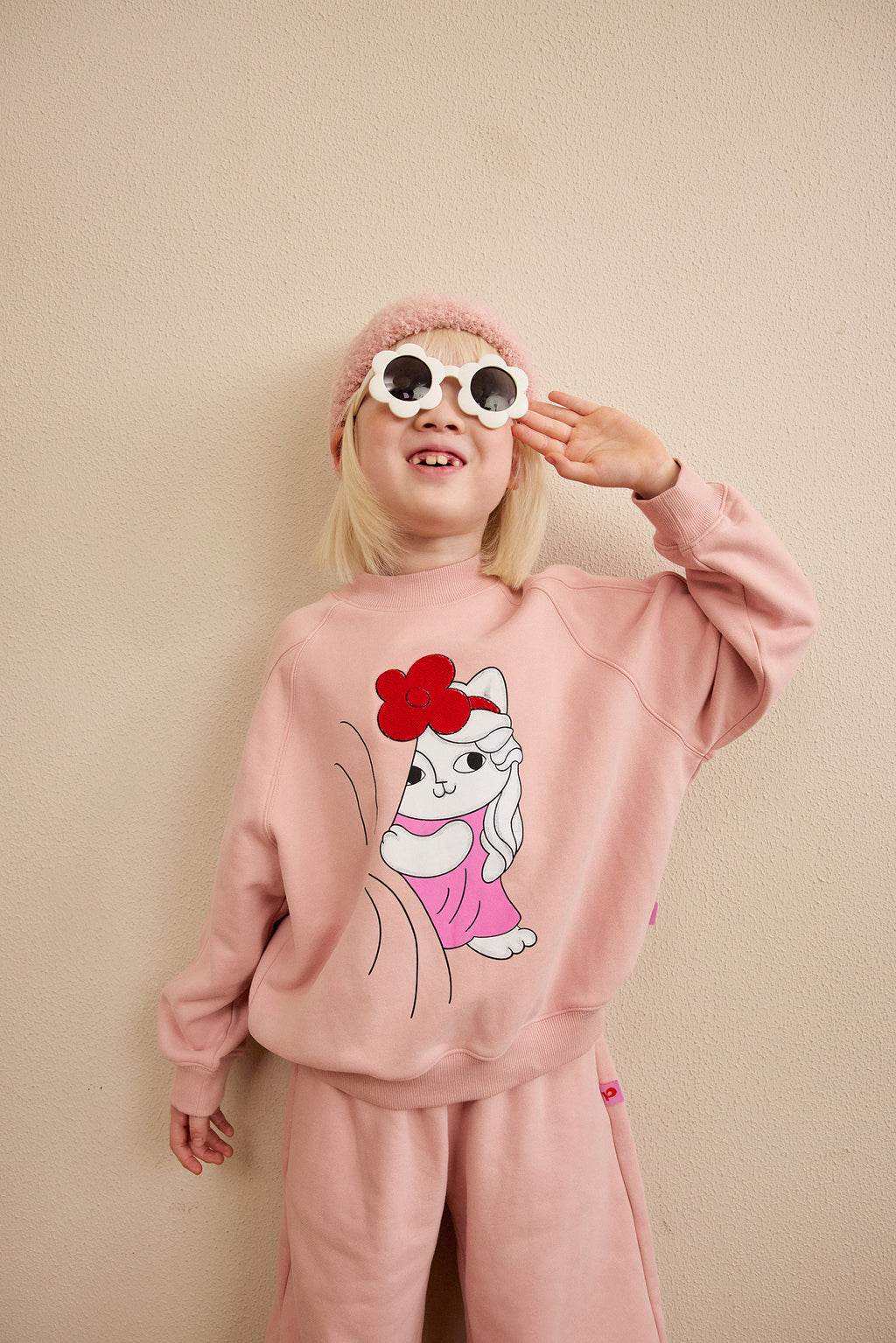 Hide-and-Seek Cat Sweatshirt — Dusty Pink; worn view; other styled garments and accessories are not included