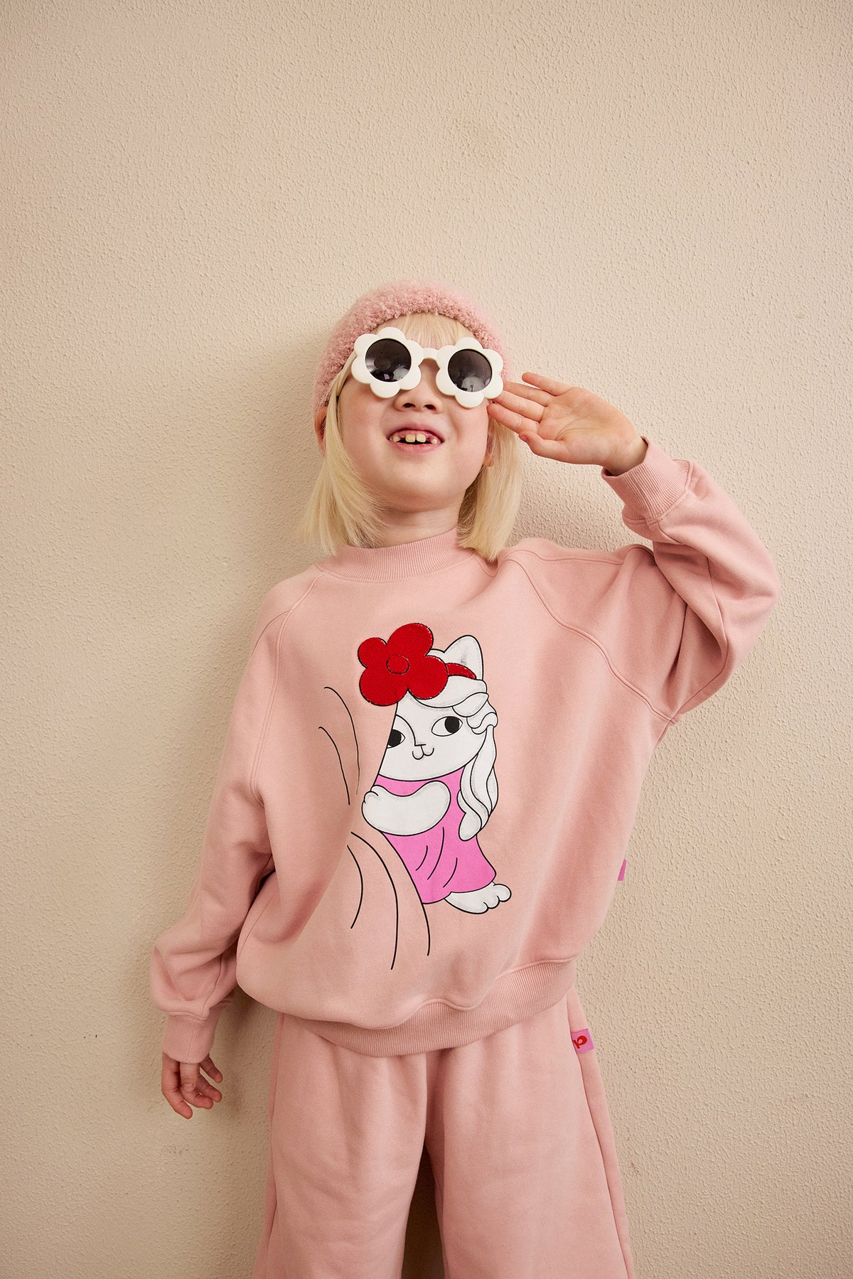Hide-and-Seek Cat Sweatshirt — Dusty Pink; worn view; other styled garments and accessories are not included