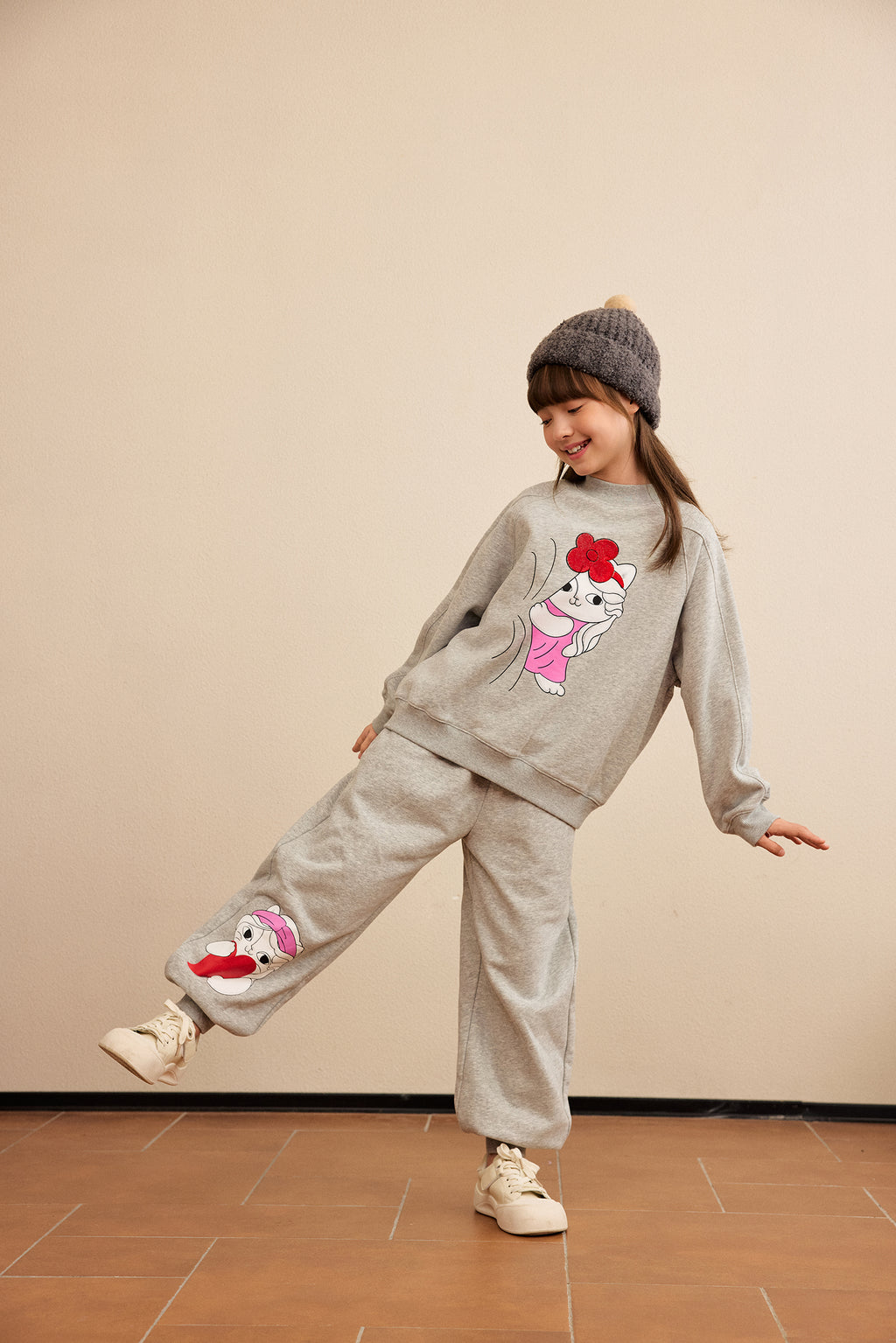 Hide-and-Seek Cat Joggers — Pencil Grey; worn view; other styled garments and accessories are not included