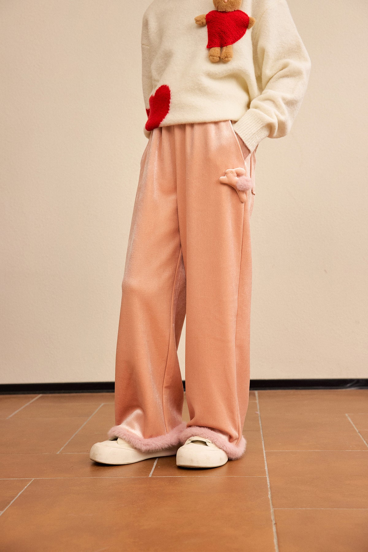 Moon Rabbit Velvet Trousers — Dusty Pink; worn view; other styled garments and accessories are not included