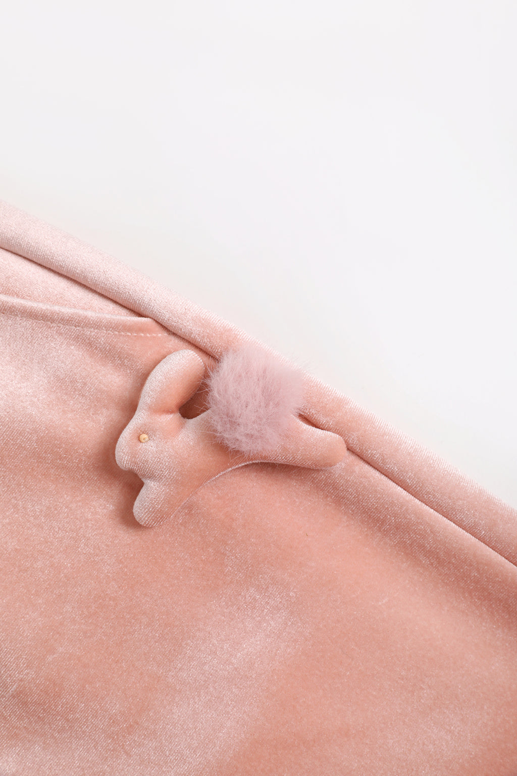 Moon Rabbit Velvet Trousers — Dusty Pink; construction and decoration detail