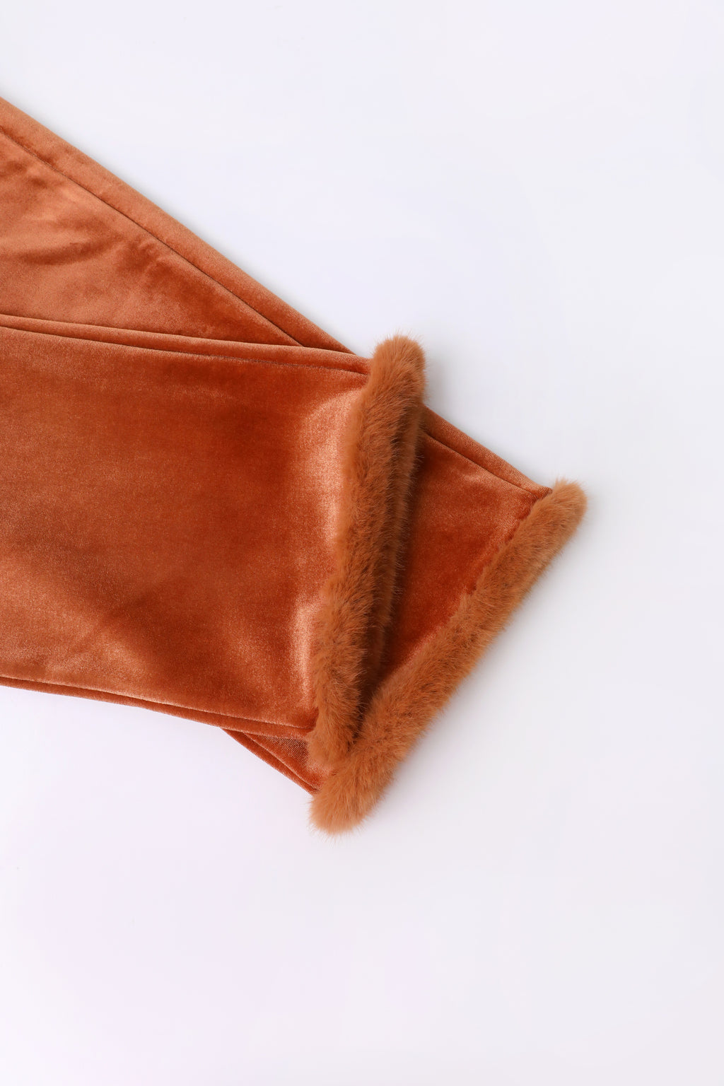 Moon Rabbit Velvet Trousers — Caramel Brown; construction and decoration detail