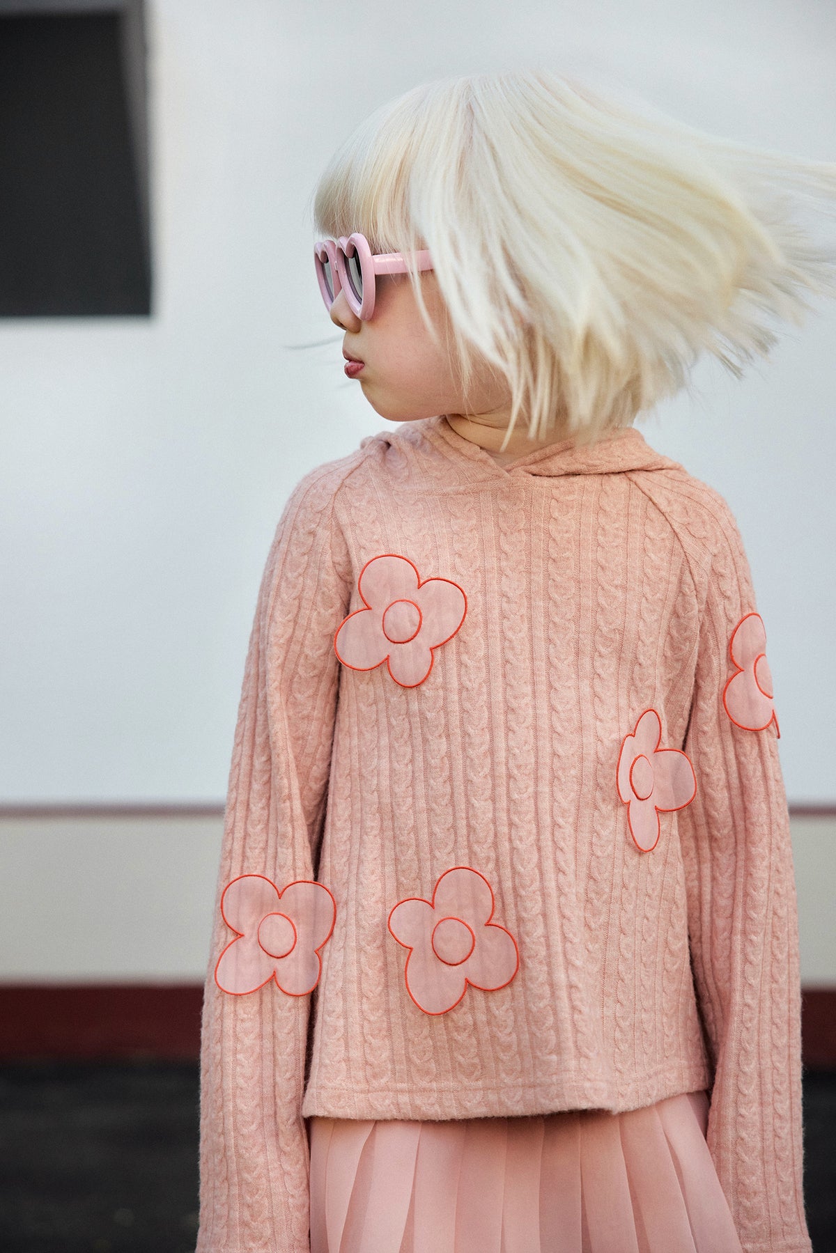 Cat-Story Organza Flower Sweater — Dusty Pink; worn view; other styled garments and accessories are not included