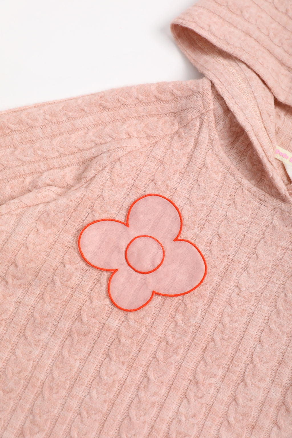Cat-Story Organza Flower Sweater — Dusty Pink; construction and decoration detail