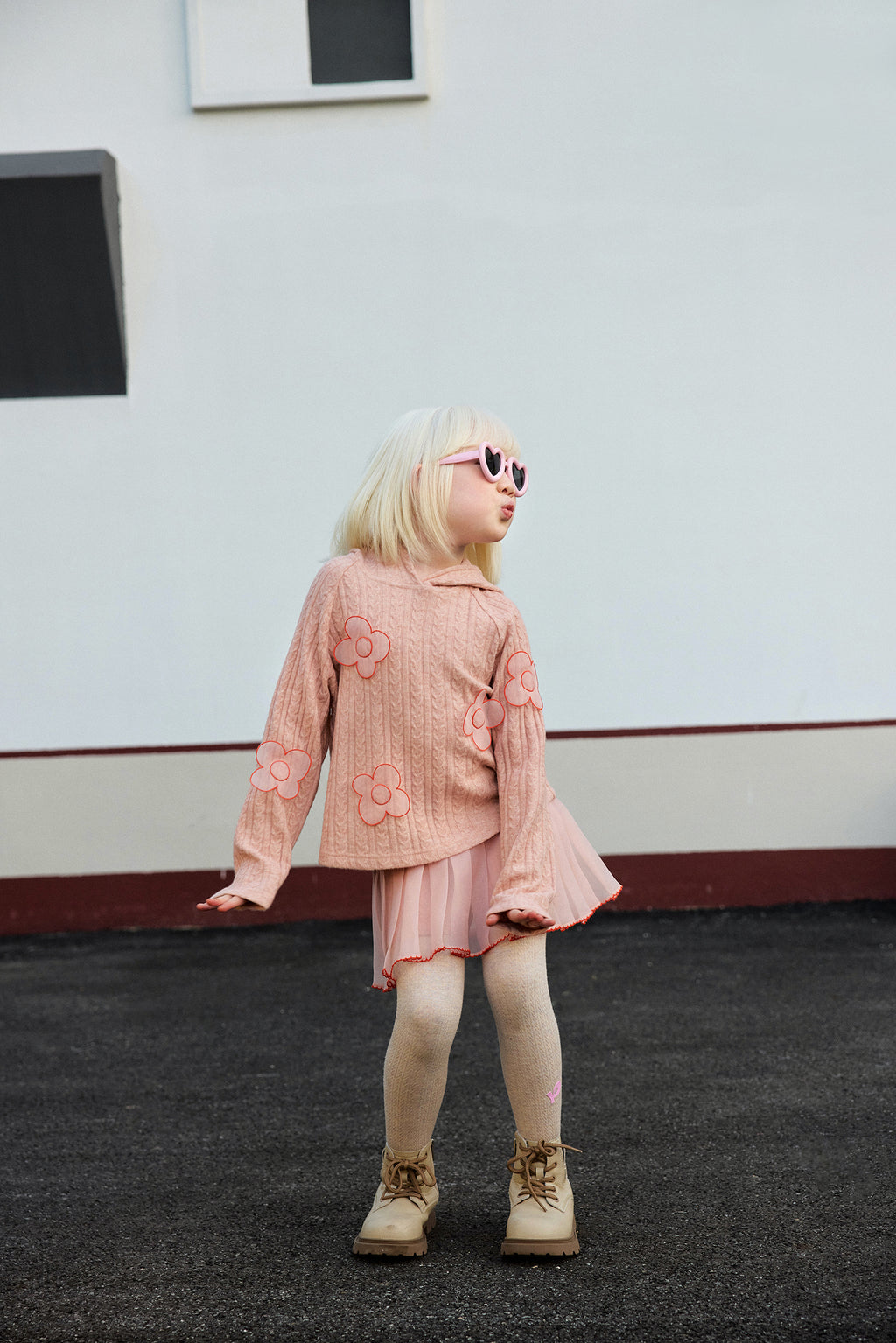 Cat-Story Organza Flower Sweater — Dusty Pink; worn view; other styled garments and accessories are not included