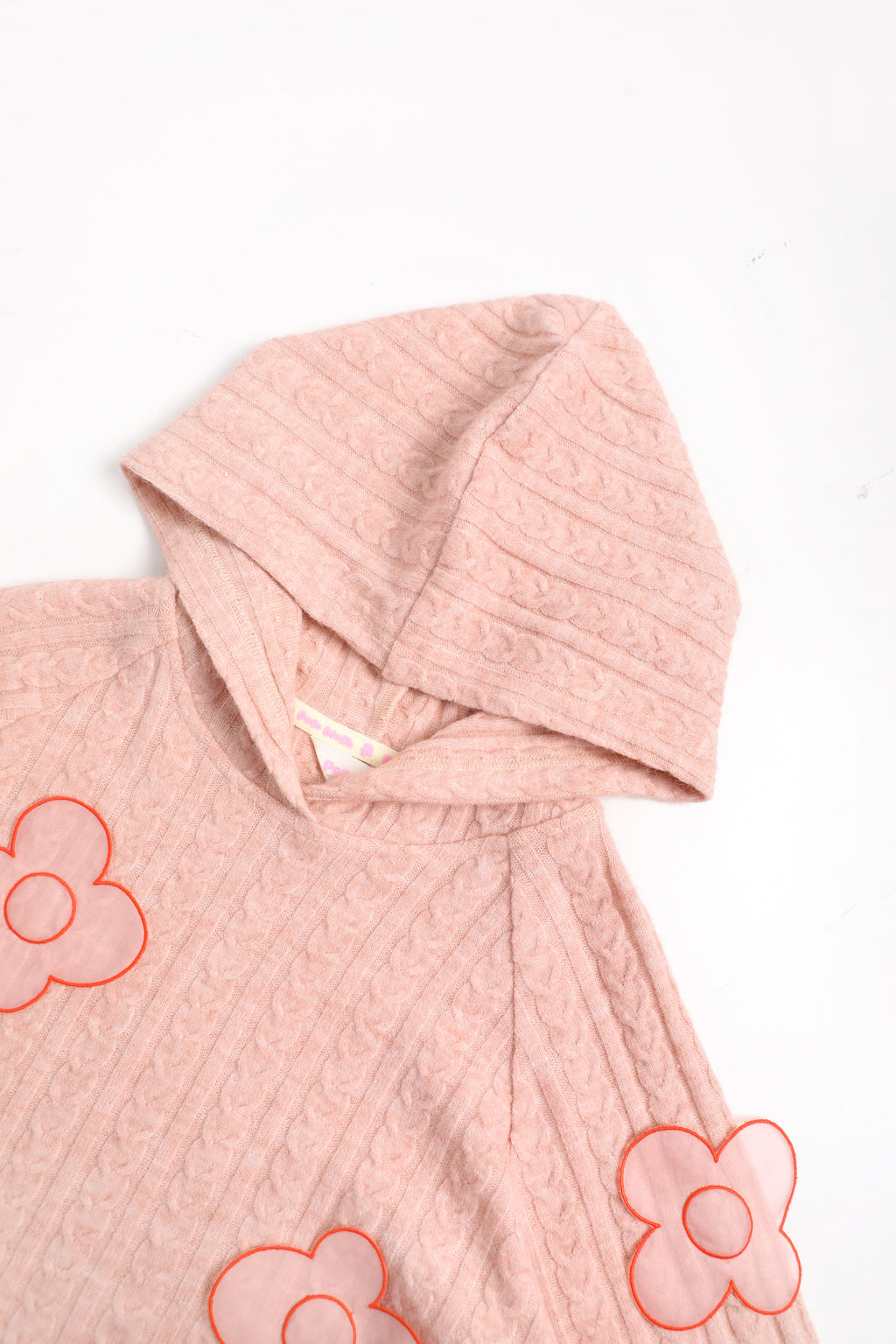 Cat-Story Organza Flower Sweater — Dusty Pink; construction and decoration detail
