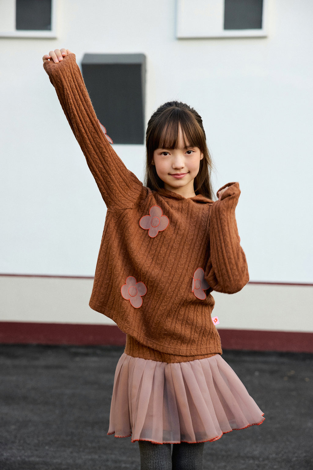 Cat-Story Organza Flower Sweater — Chestnut Brown; worn view; other styled garments and accessories are not included