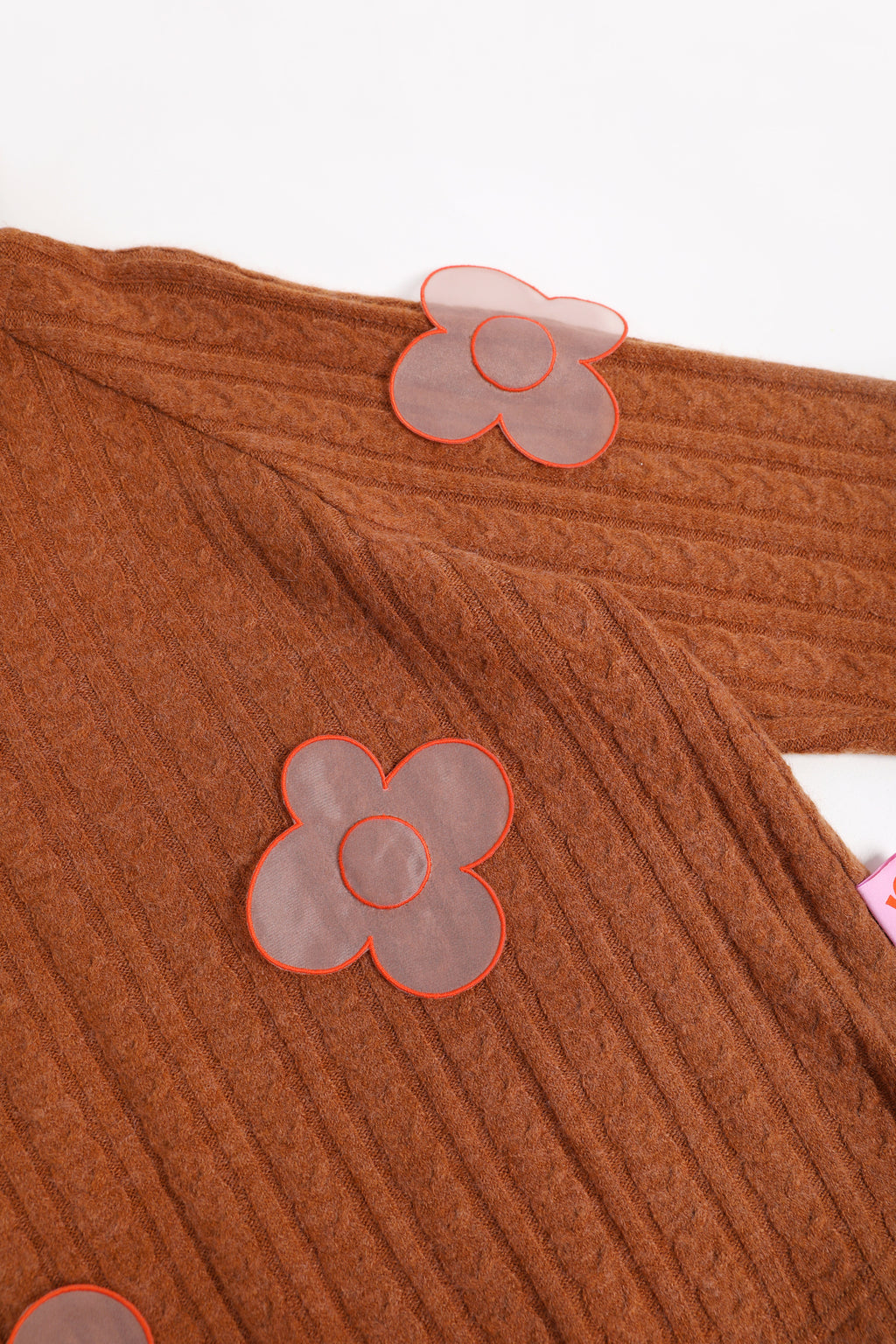 Cat-Story Organza Flower Sweater — Chestnut Brown; construction and decoration detail