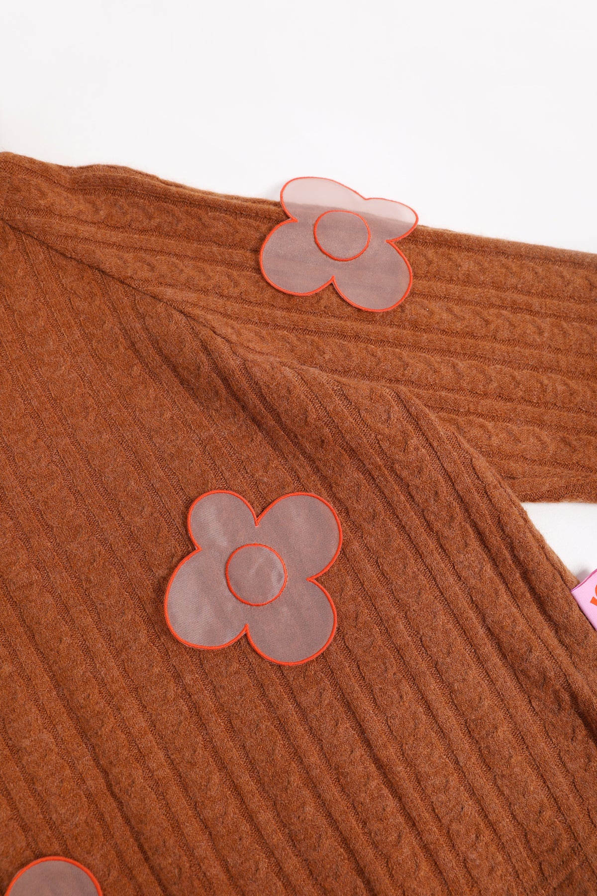Cat-Story Organza Flower Sweater — Chestnut Brown; construction and decoration detail