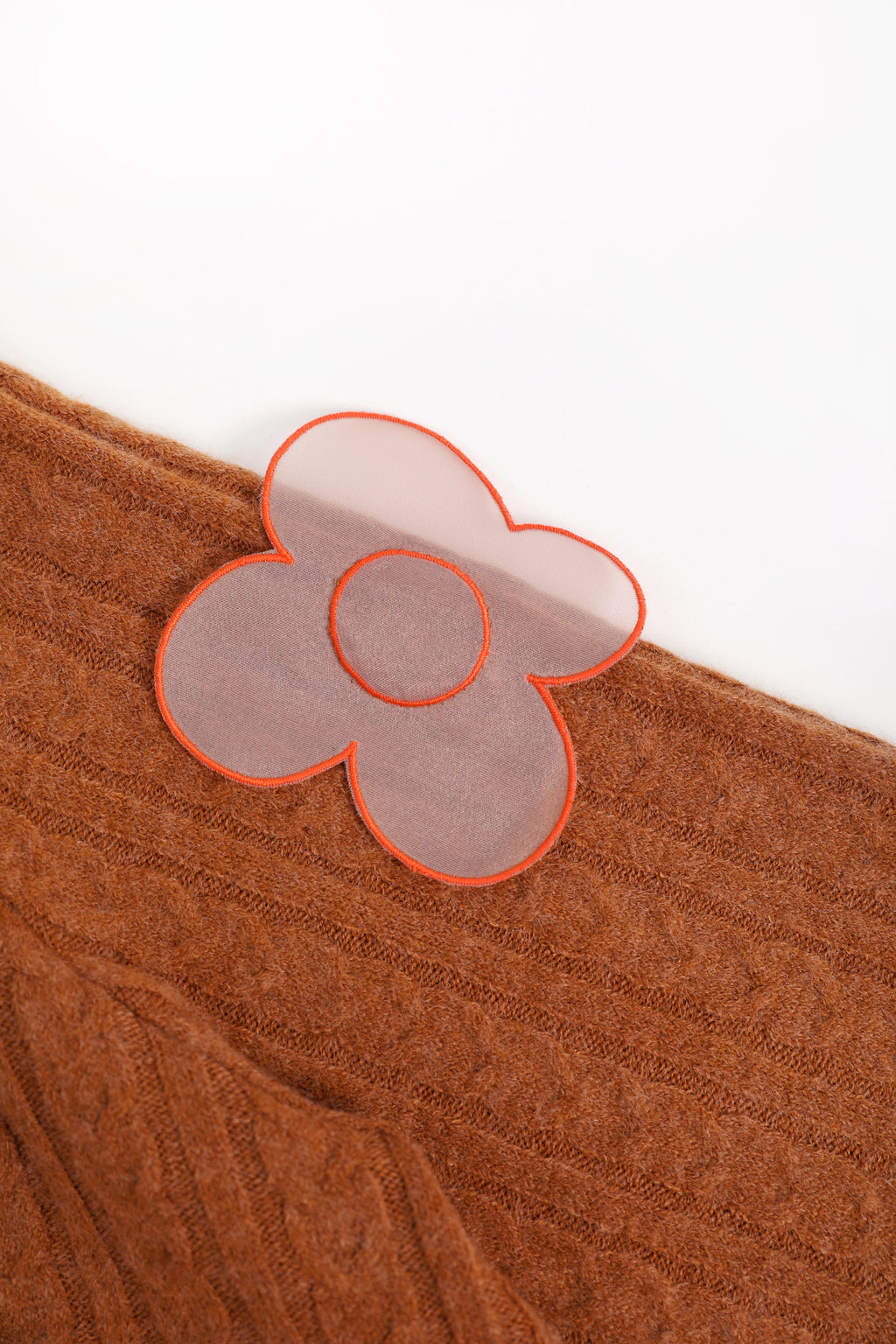 Cat-Story Organza Flower Sweater — Chestnut Brown; construction and decoration detail