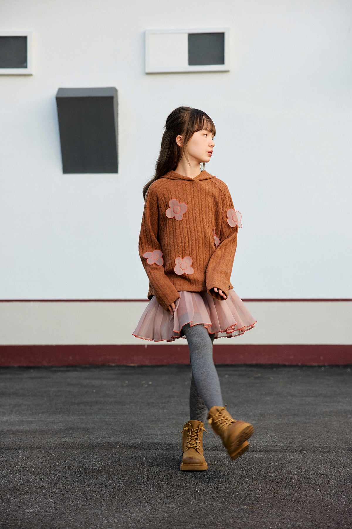 Cat-Story Organza Flower Sweater — Chestnut Brown; worn view; other styled garments and accessories are not included