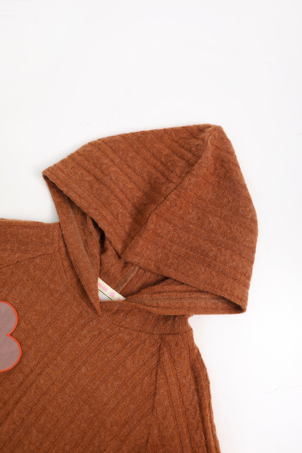 Cat-Story Organza Flower Sweater — Chestnut Brown; construction and decoration detail