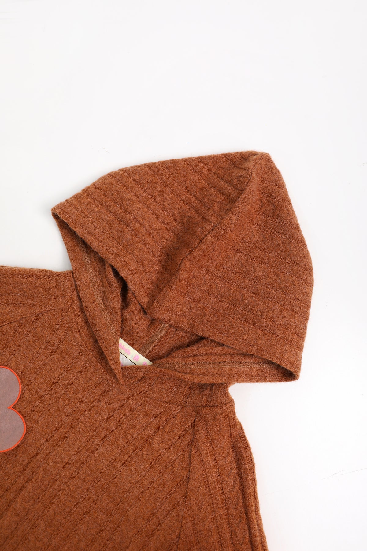 Cat-Story Organza Flower Sweater — Chestnut Brown; construction and decoration detail