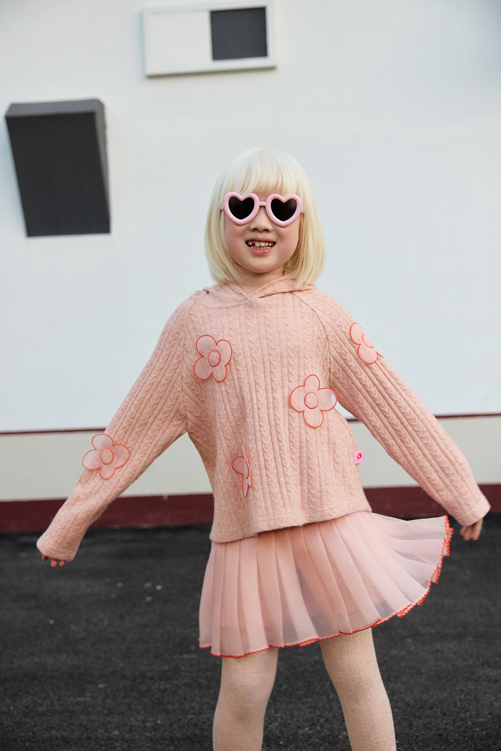 Cat-Story Pleated Organza Knit Skirt — Dusty Pink; worn view; other styled garments and accessories are not included