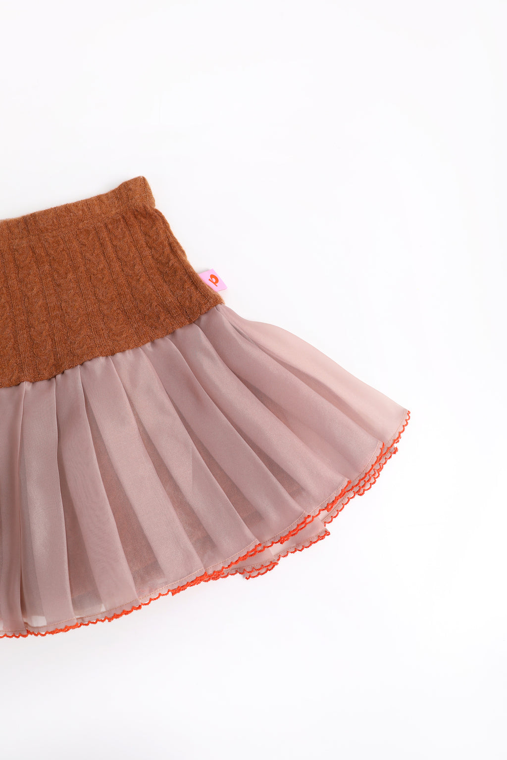 Cat-Story Pleated Organza Knit Skirt — Chestnut Brown; construction and decoration detail