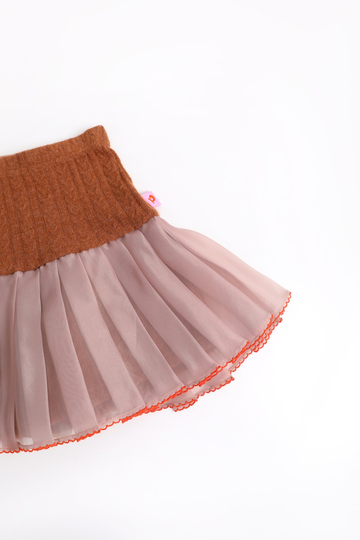 Cat-Story Pleated Organza Knit Skirt — Chestnut Brown; construction and decoration detail