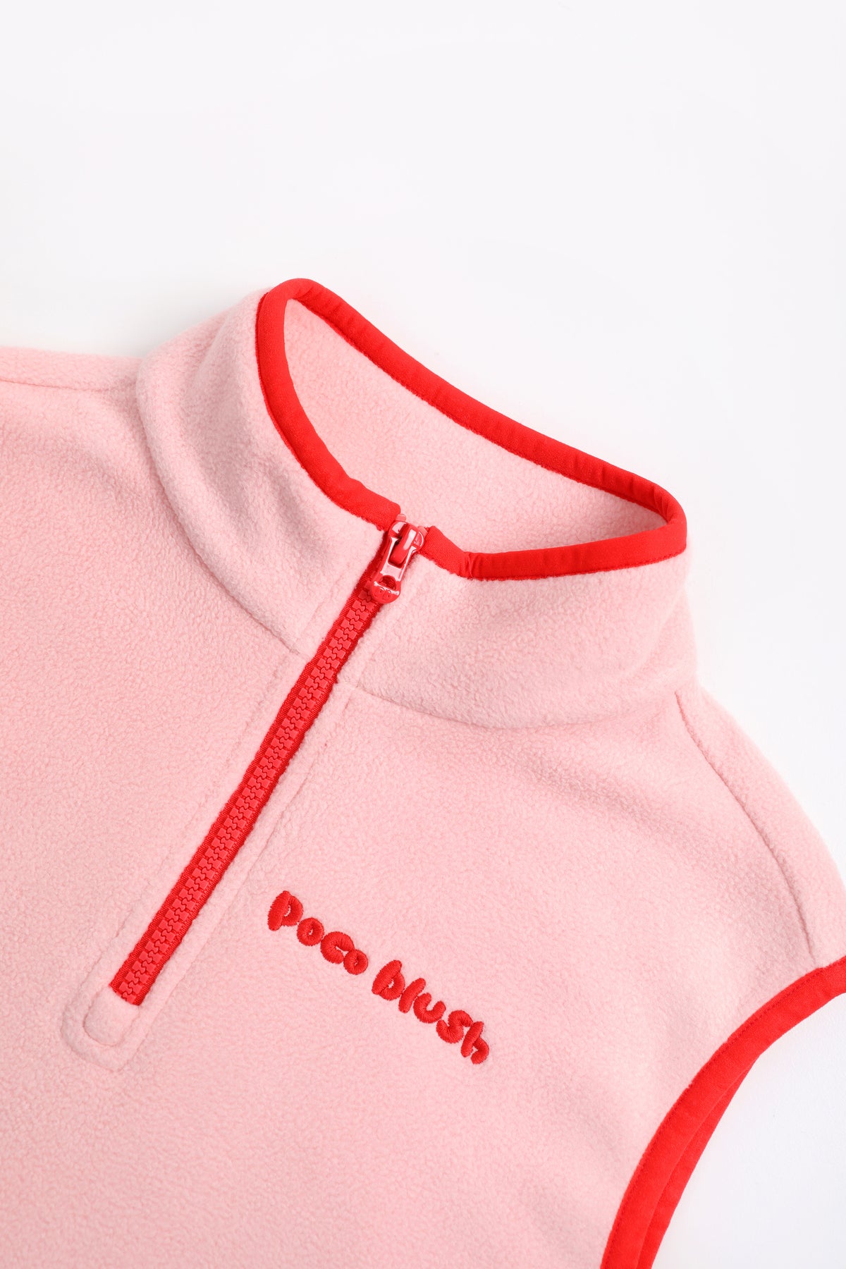 Ink-Wash Animal-Pocket Fleece Pinafore — Dusty Pink; construction and decoration detail