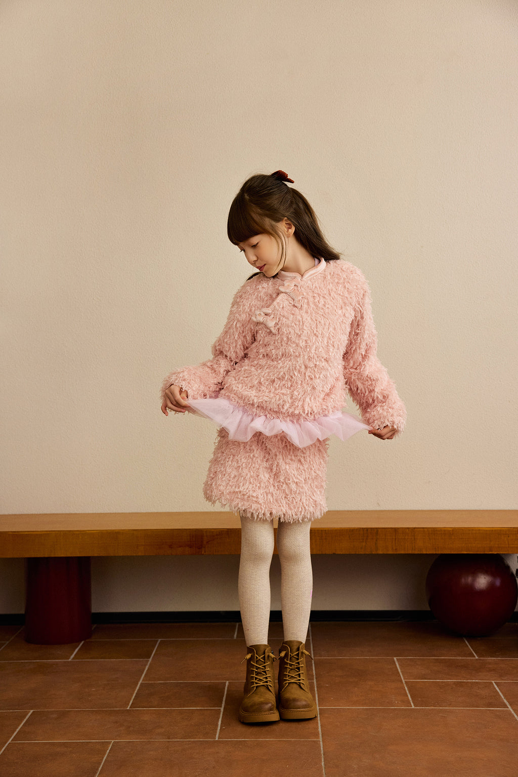 Fleece-Feel Knit Tights — Cheese Yellow; worn view; other styled garments and accessories are not included