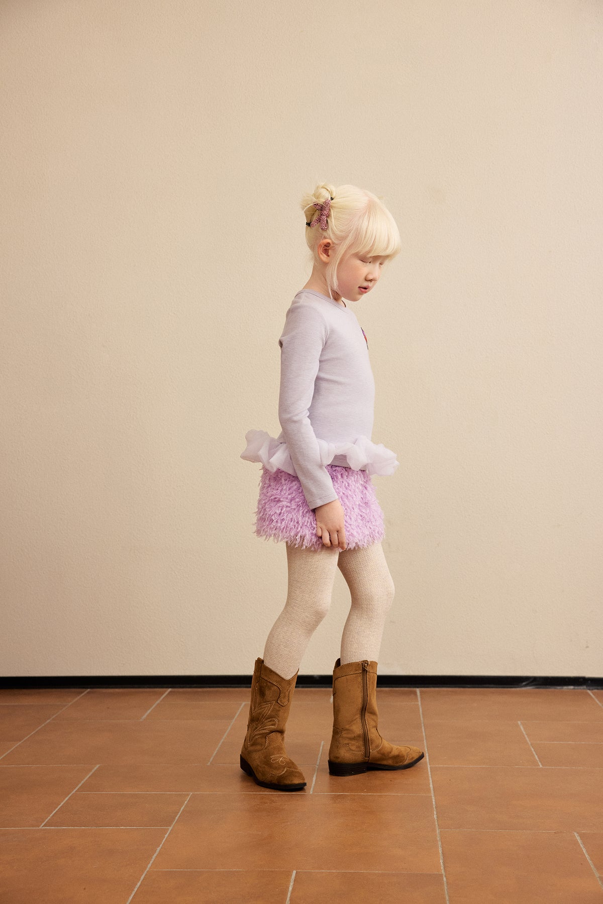 Fleece-Feel Knit Tights — Cheese Yellow; worn view; other styled garments and accessories are not included