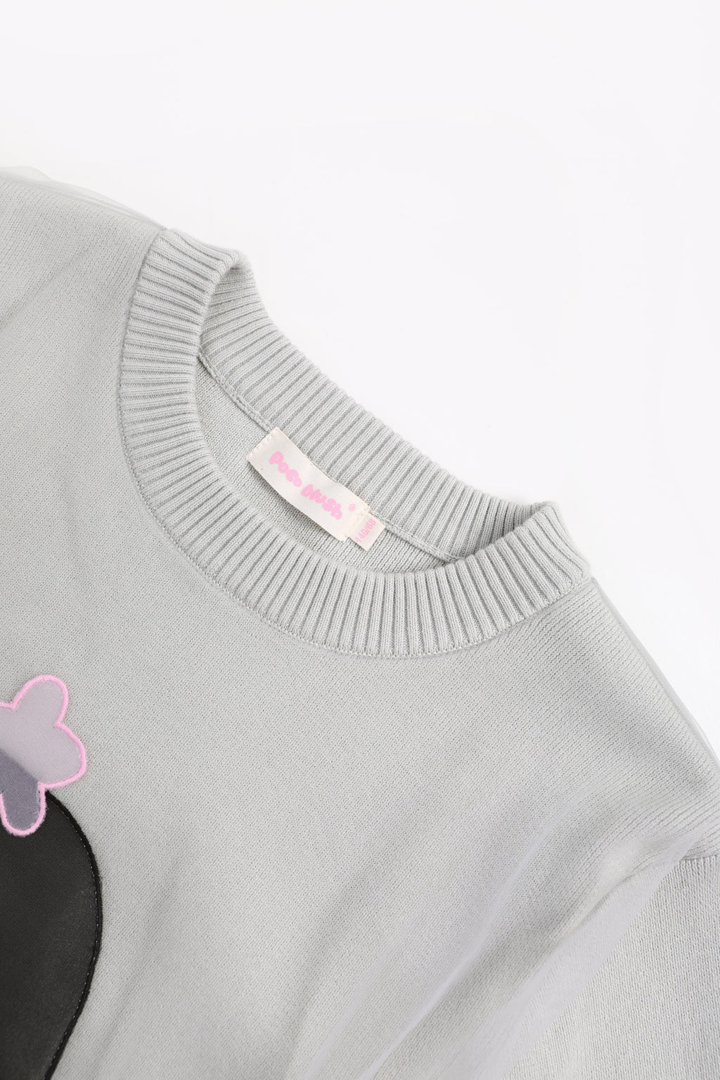 Ink-Wash Organza Embroidered Sweater — Pencil Grey; construction and decoration detail