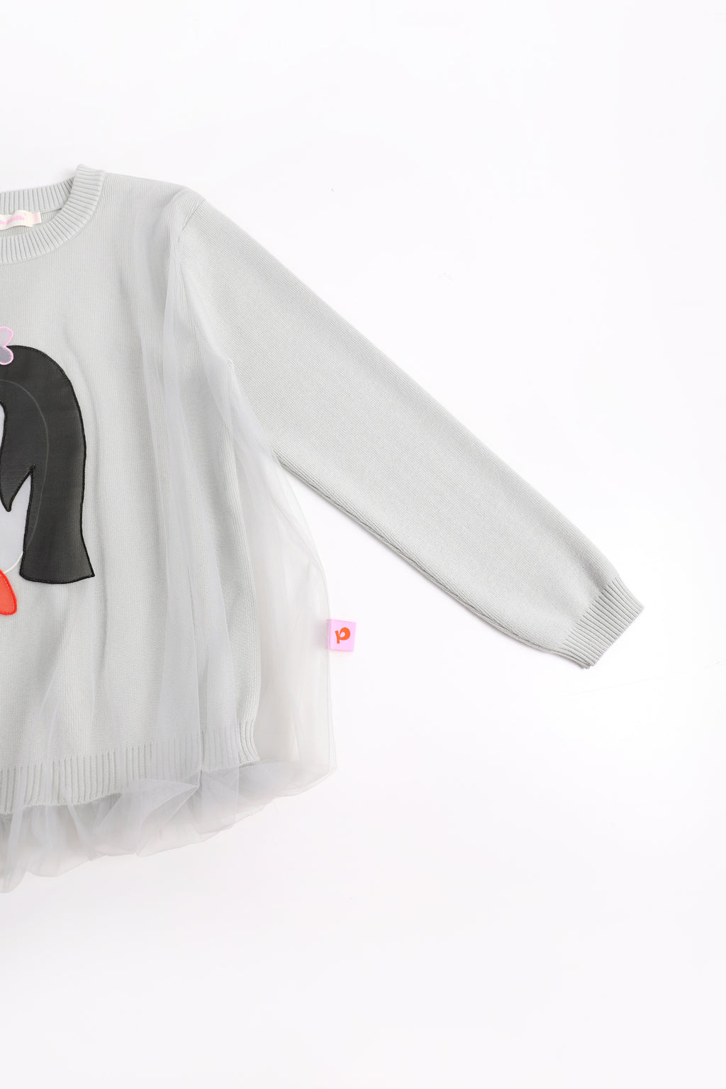 Ink-Wash Organza Embroidered Sweater — Pencil Grey; construction and decoration detail
